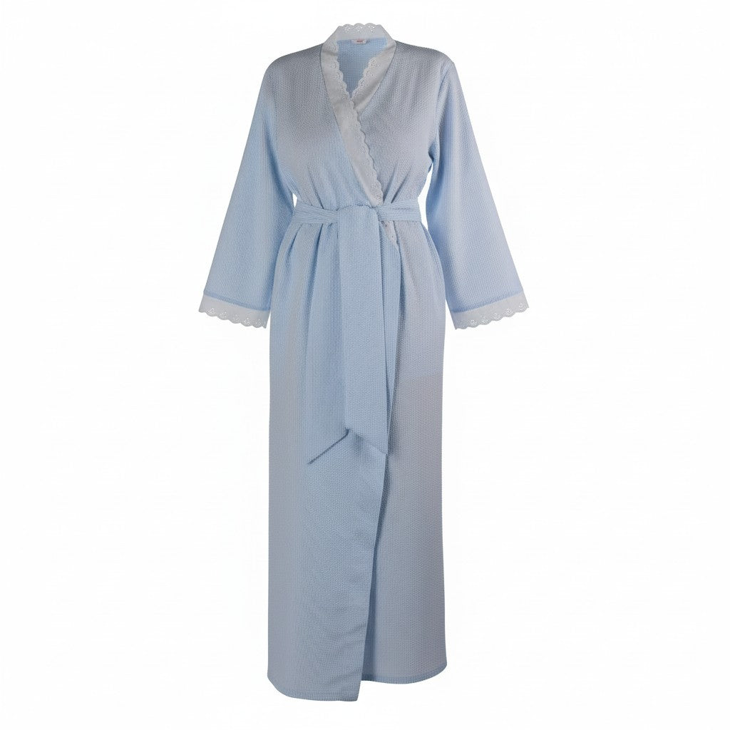 Full Length Seersucker Wrap Robe with Eyelet Trim 222-02