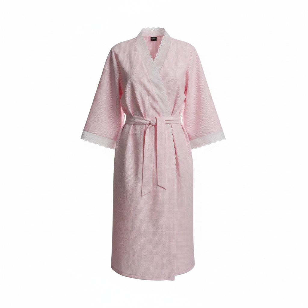 Knee Length Seersucker Wrap Robe with Eyelet trim 222C-02