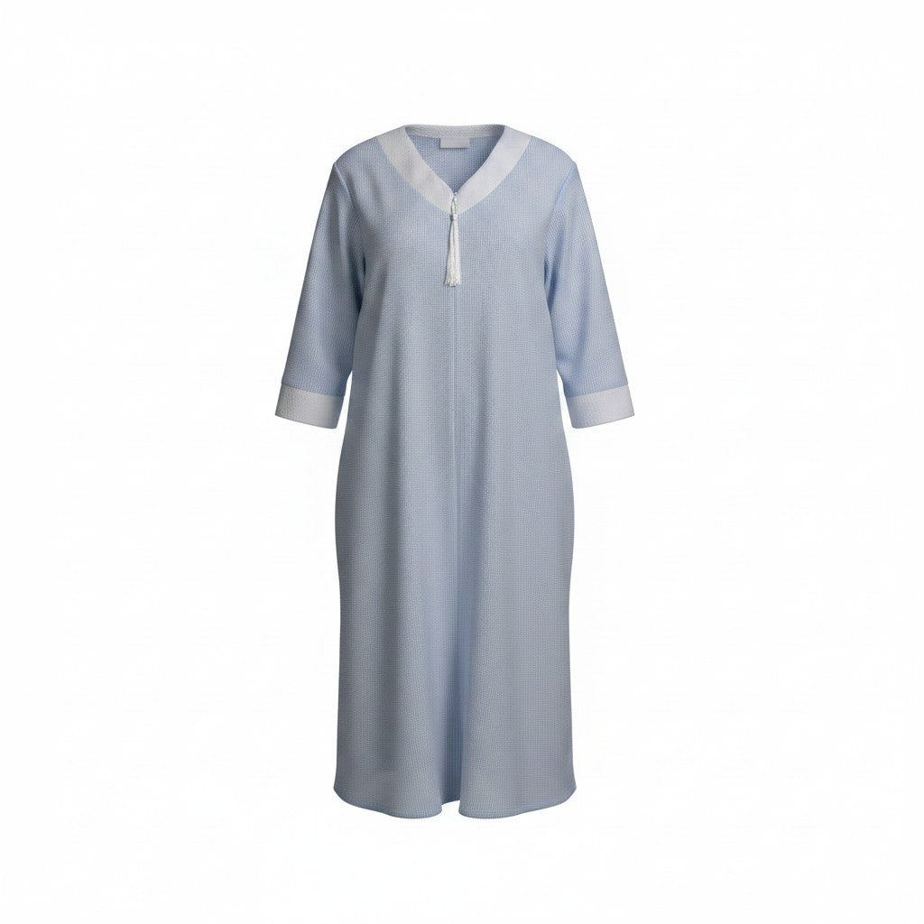 Knee Length Seersucker Robe with Tassle Trimmed Zipper - 81C-02