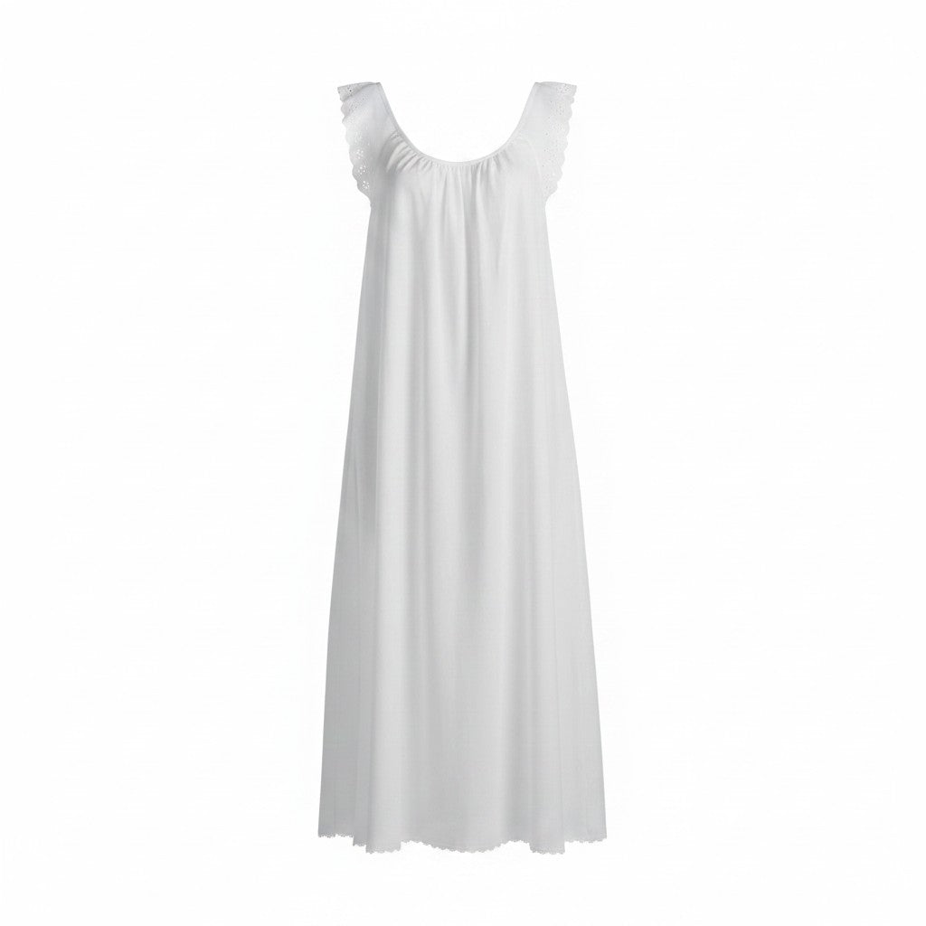 Long A-Line Pima Cotton Gown with Eyelette Trimmed Shoulder Straps - AR105-80