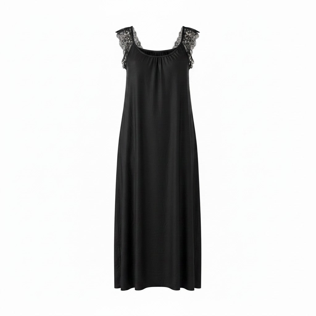 Long Flowy Tricot Gown with Lace Trimmed Shoulder Straps - AR105