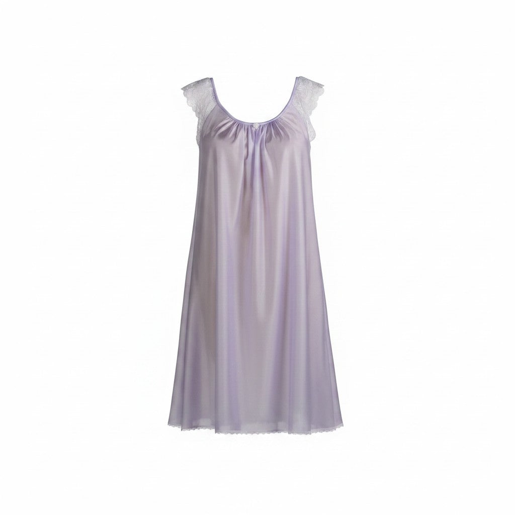 Short Flowy A-Line Tricot Gown with Lace Trimmed Shoulder Straps - AR106