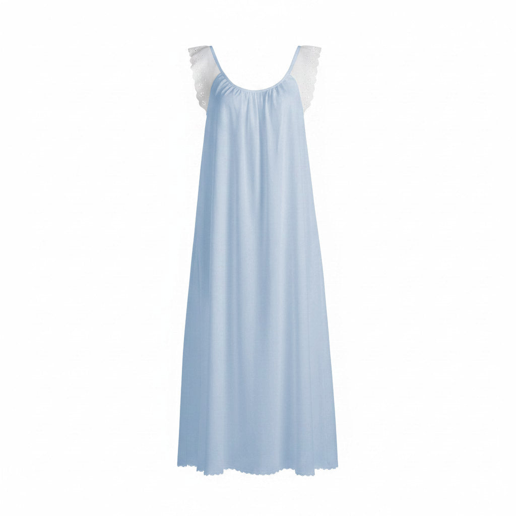 Long A-Line Pima Cotton Gown with Eyelette Trimmed Shoulder Straps - AR105-80