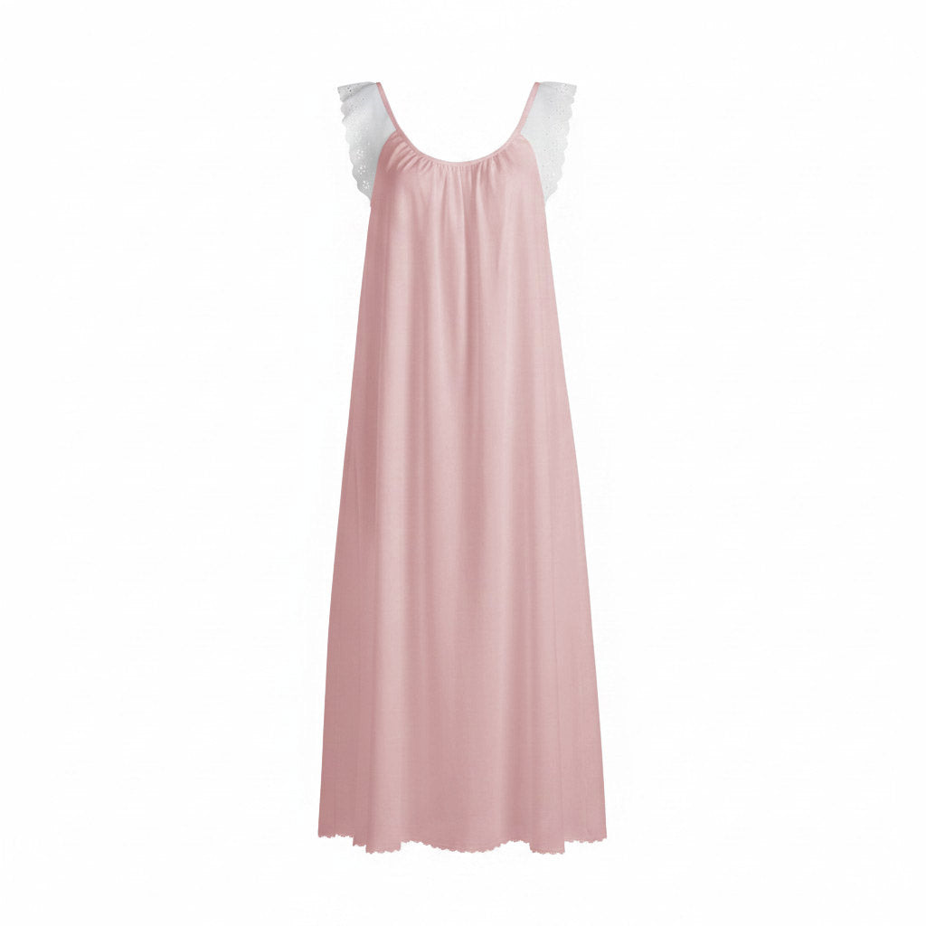 Long A-Line Pima Cotton Gown with Eyelette Trimmed Shoulder Straps - AR105-80