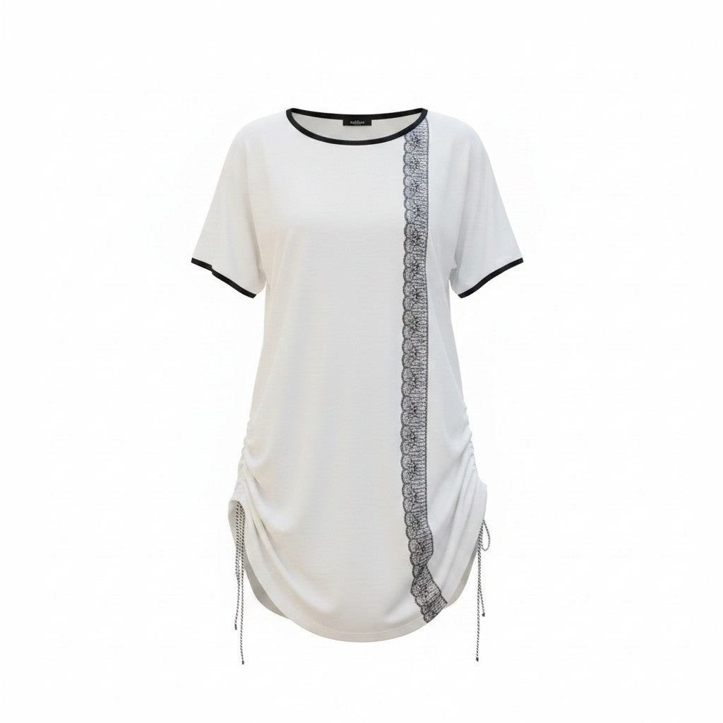 Short sleeve tunic top with adjustable side ties and contrast trim.